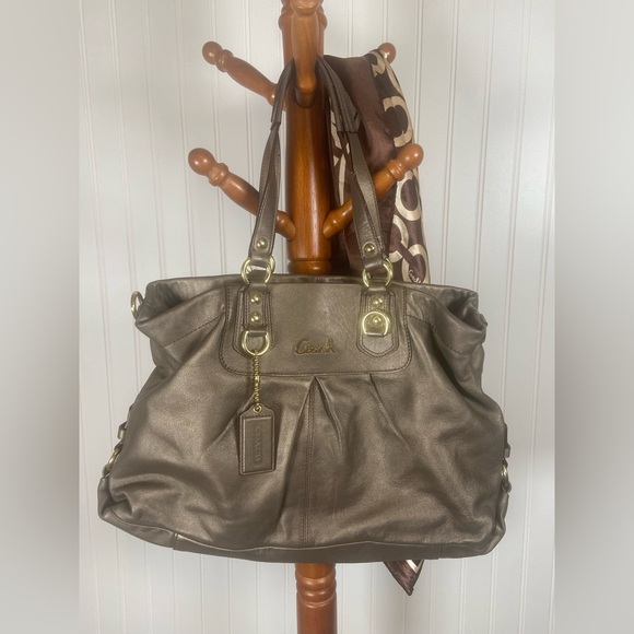 Coach Metallic Leather Satchel + Oversized Signature Silk Scarf Set - Picture 1 of 8